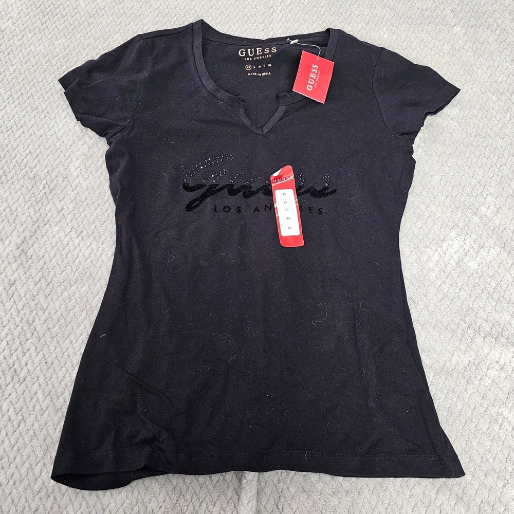 Guess Black Logo Tee Rhinestone Script Women's Size XS NWT